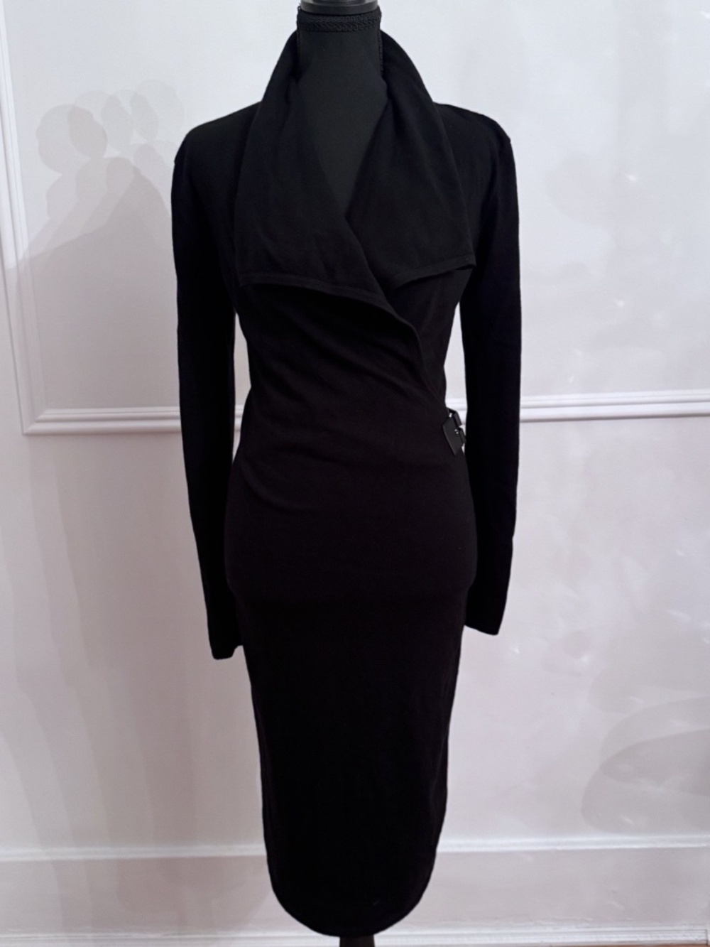 Ralph Lauren Black Label Cashmere Black Wrap Midi Dress Buckle Detail Long Slv